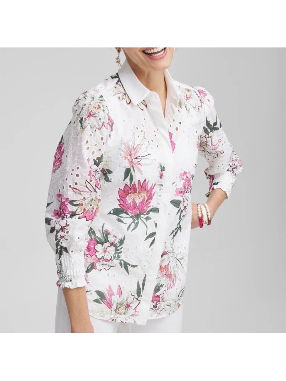 Chico's Sz 1 US 8 Floral Eyelet Shirt Button Front Smocked Cuffs Cottagecore